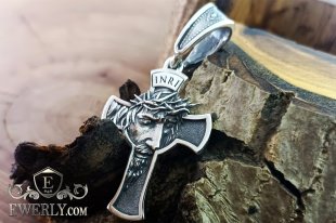 Срібний хрест із обличчям Ісуса та молитвою, фото