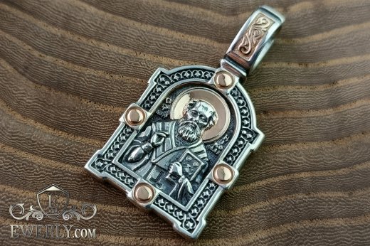 St. Nicholas the Wonderworker pendant of silver with gilding, фото